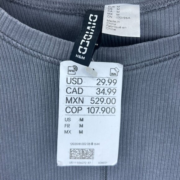 H&M Divided Ribbed Long Sleeve Crop Top Grey Charcoal Crew Neck Fitted Stretchy - Picture 6 of 8